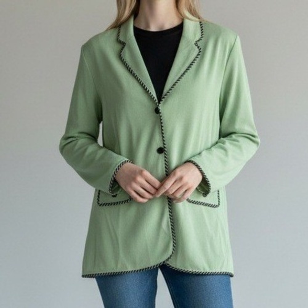 Misook Women Knit Blazer 1X Green Braided Trim Button Front Professional Preppy‎